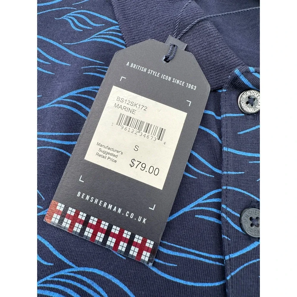 Ben Sherman Polo Shirt Short Sleeve Marine Blue Wave Men's Small Regular Fit NWT